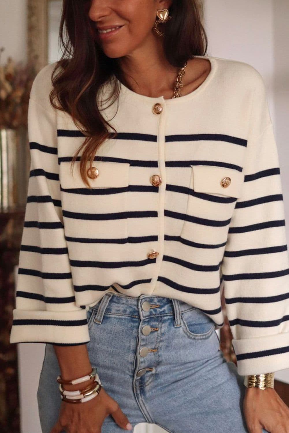 image-Black Stripe Flap Pocket Buttoned Cardigan Sweater