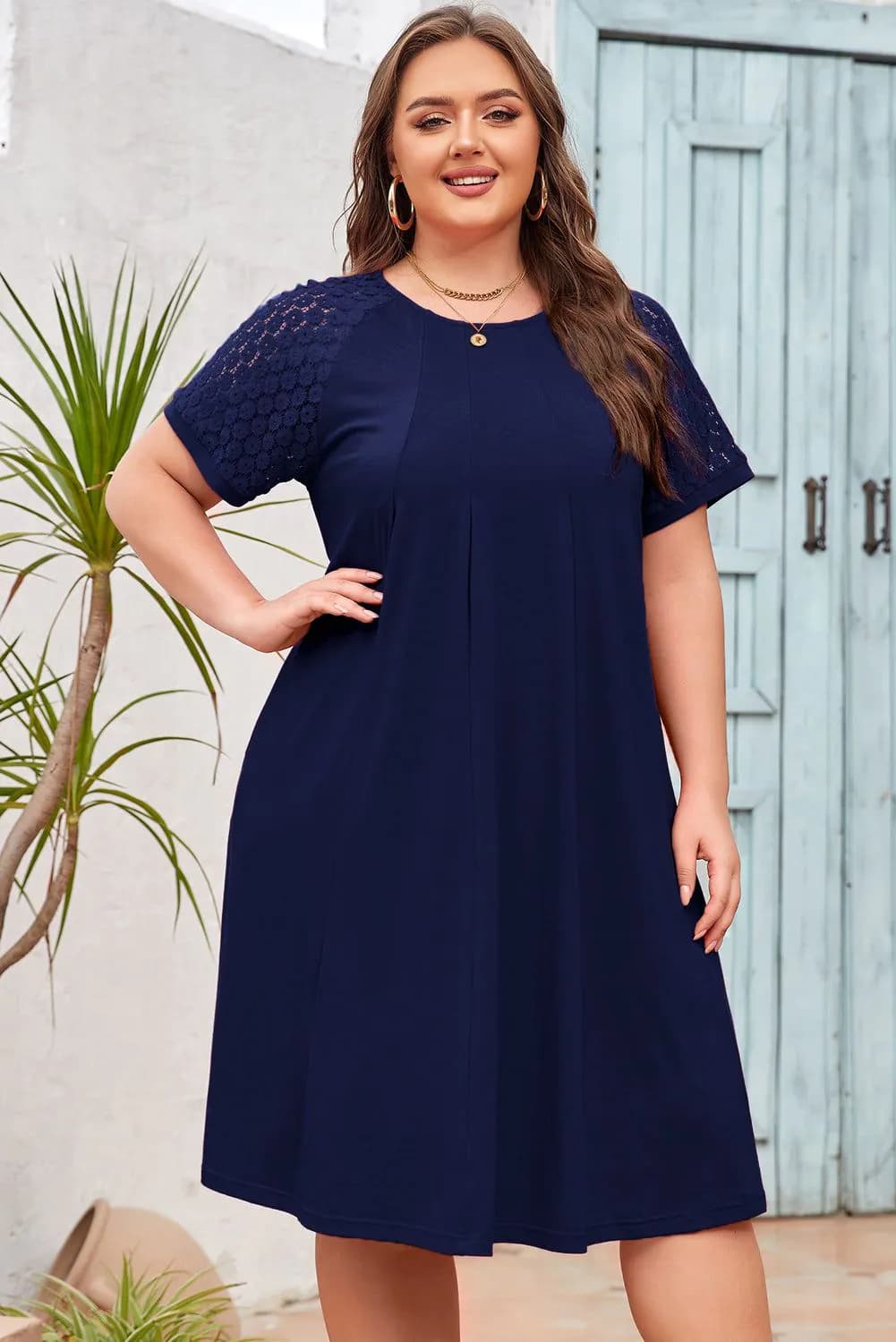 image-Navy Blue Plus Size Solid Color Lace Short Sleeve Pleated Swing Dress