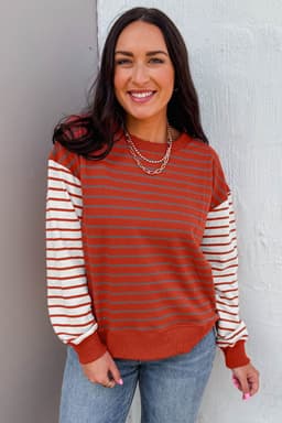 image-Orange Stripe Contrast Sleeve Patchwork Sweatshirt