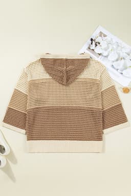 image-Parchment Colorblock Hollowed Knit Plus Size Hooded Jumper Sweater