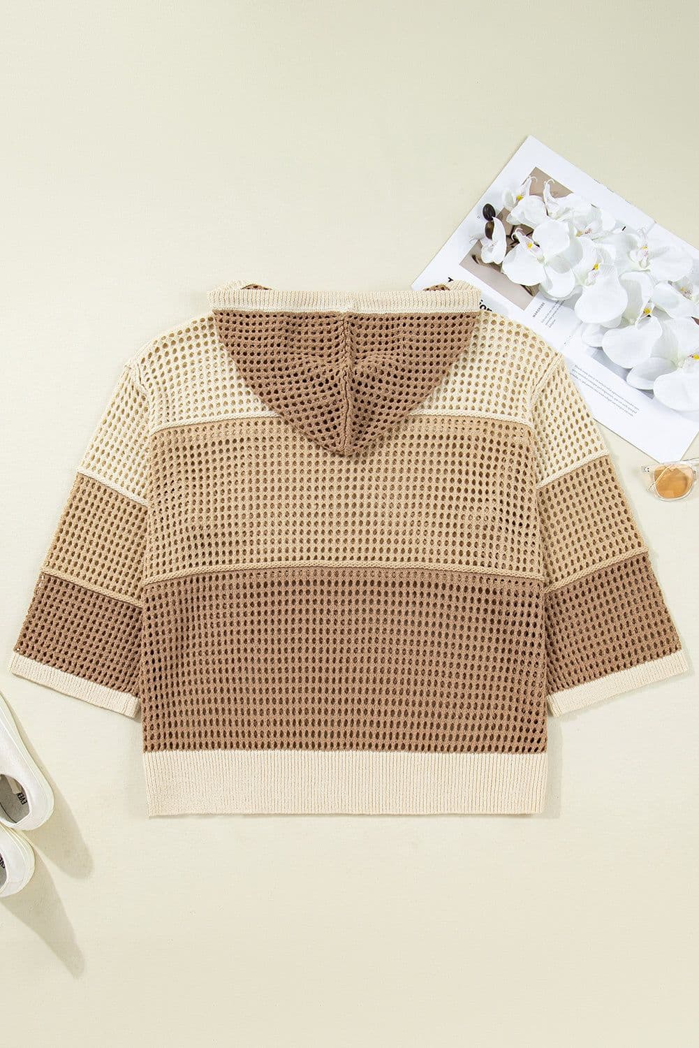 image-Parchment Colorblock Hollowed Knit Plus Size Hooded Jumper Sweater