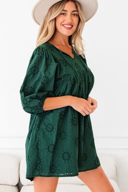 image-Blackish Green Embroidered Eyelet Puffy Sleeve Mini Dress