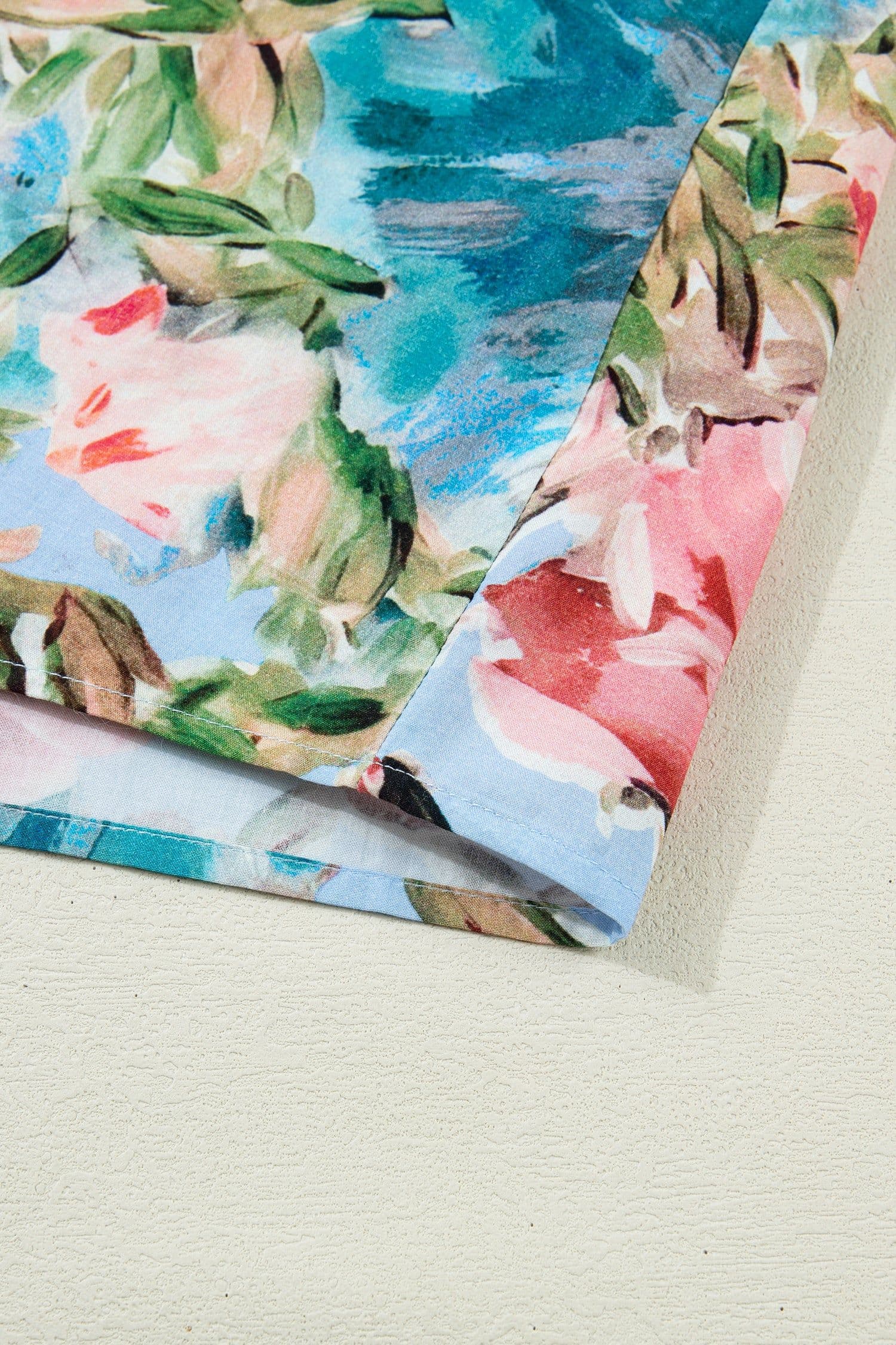 image-Sky Blue Floral Blouse V Neck Cuffed Sleeves