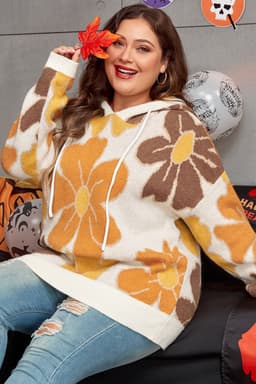 image-White Floral Knitted Hooded Plus Size Sweater
