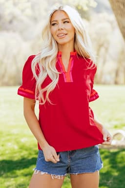 image-Fiery Red Striped Ruffled Blouse - Short Sleeve