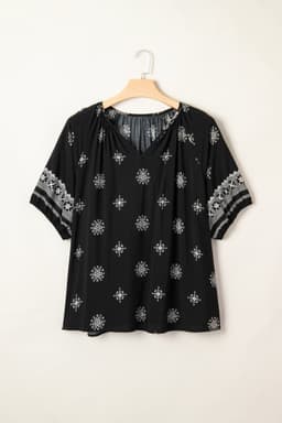 image-Yellow Floral Boho Chic Top - Plus Size Notched V-Neck Short Sleeve