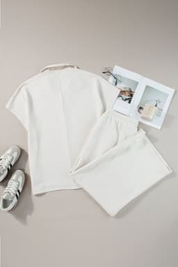 image-Beige Plus Size Textured Collared Top and Pants Set