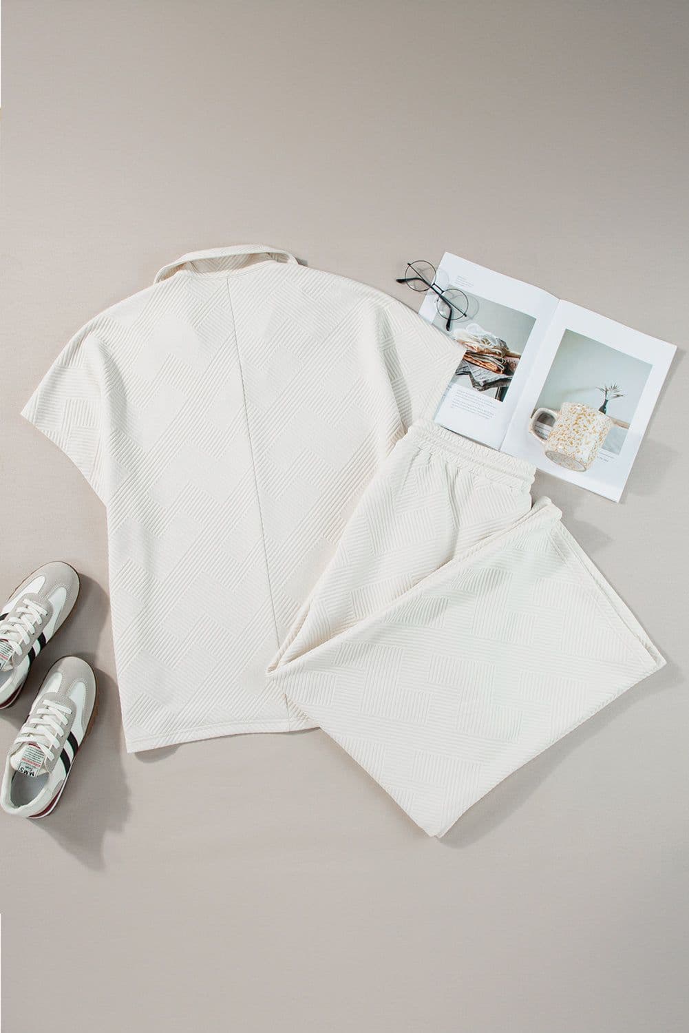 image-Beige Plus Size Textured Collared Top and Pants Set