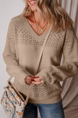 image-Sky Blue V Neck Eyelet Sweater Drop Shoulder