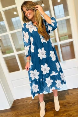 image-Blue Floral Print Shirt Collar V Neck 3/4 Sleeve Shift Midi Dress