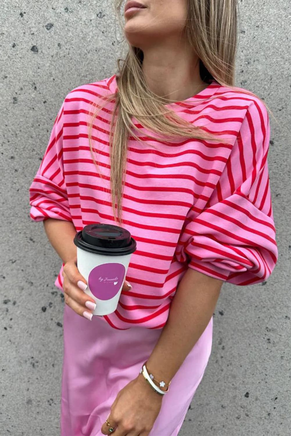 image-Pink Striped Print Crew Neck Sweatshirt - Drop Shoulder Loose Fit