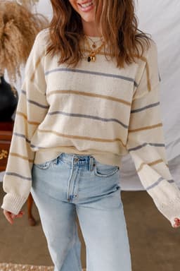 image-Pink Stripe Ribbed Edge Drop Shoulder Sweater
