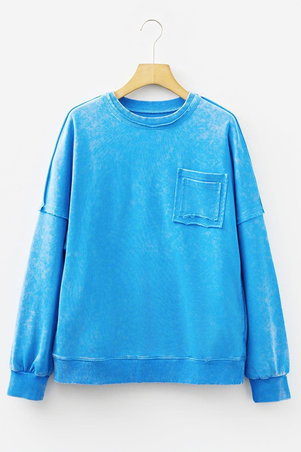 image-Blue Mineral Wash Sweatshirt Raw Seam Pockets