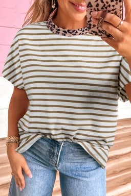 image-Khaki Stripe Leopard Patchwork T-Shirt