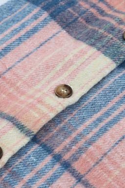 image-Shacket with Pink/Black Plaid Flap Pockets - Chic Style, Loose Fit (65 characters)