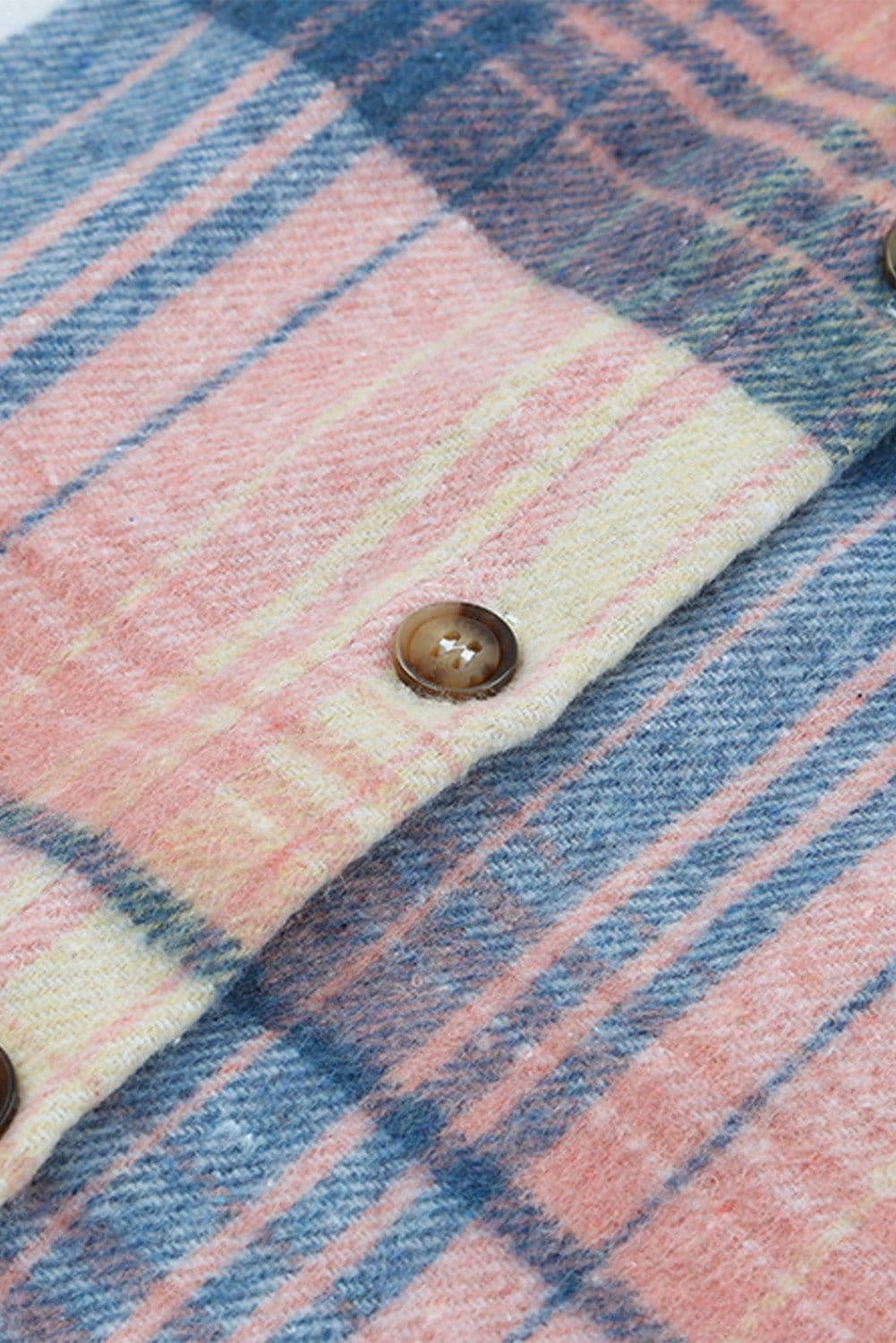 image-Shacket with Pink/Black Plaid Flap Pockets - Chic Style, Loose Fit (65 characters)