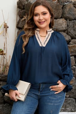 image-Navy Blue Leopard Patchwork Plus Size Blouse