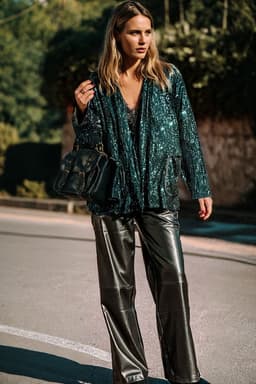 image-Evergreen Glitter Sequin Open Front Long Sleeve Top