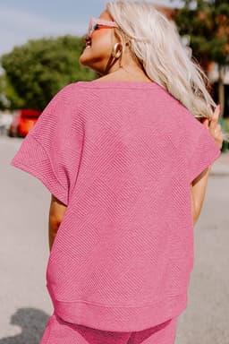 image-Strawberry Pink Textured Loose Fit T Shirt and Drawstring Pants Set