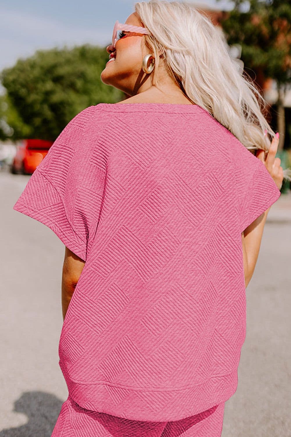 image-Strawberry Pink Textured Loose Fit T Shirt and Drawstring Pants Set
