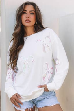 image-Bow Valentine Drop Shoulder Loose Beige Sweatshirt