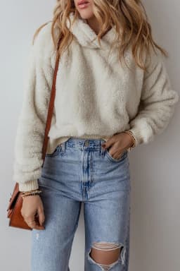 image-Contrast Ribbed Edge Plush Hoodie - White