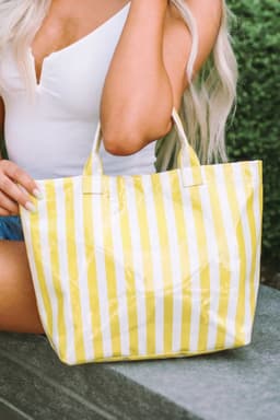 image-Black Glossy Striped Vinyl Large Tote Bag