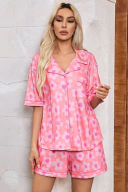 image-Green Flower Print Short Sleeve Pajamas Set