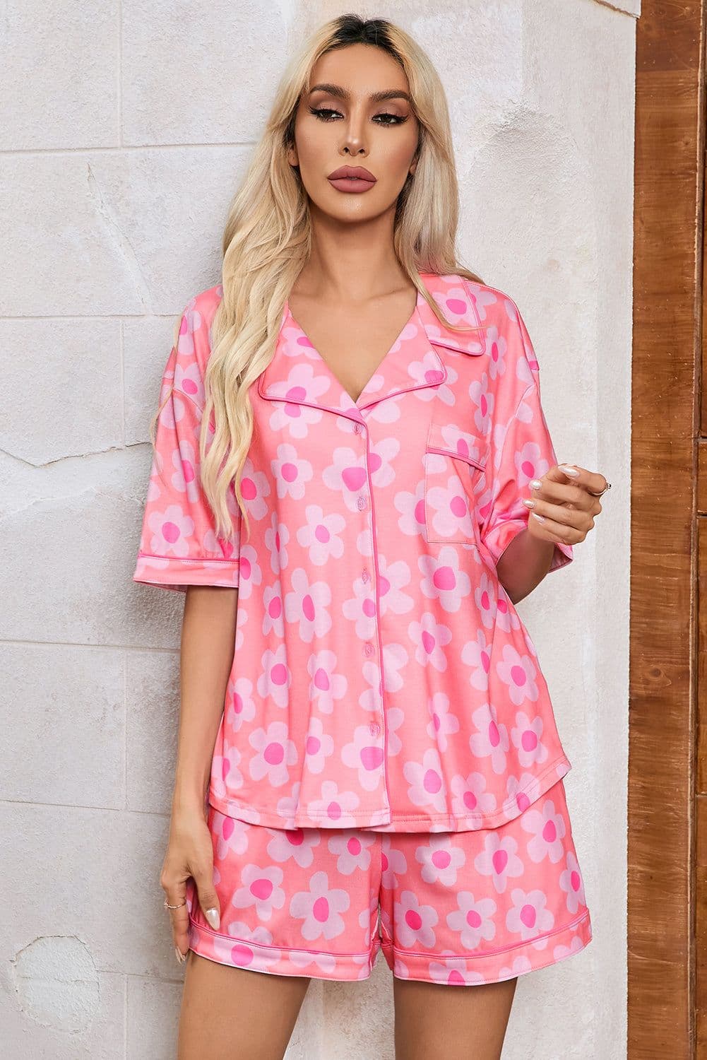image-Green Flower Print Short Sleeve Pajamas Set