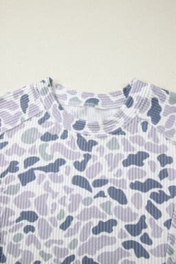 image-Beige Camouflage Print Twisted Rib Loose Tee Drawstring Pants Set