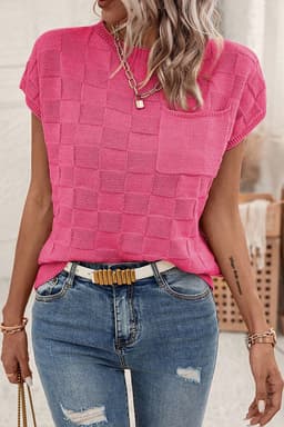 image-Pink Lattice Textured Knit Short Sleeve Sweater - Sizes S-3XL