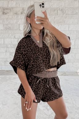 image-Brown V Neck Collar Leopard Printed 2pcs Short Set