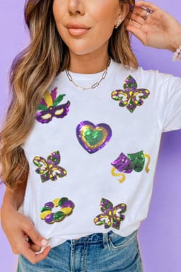 image-White Sequined Mardi Gras Symbolic Pattern Casual Tee