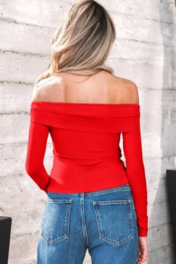 image-Fiery Red Foldover Off Shoulder Long Sleeve Top