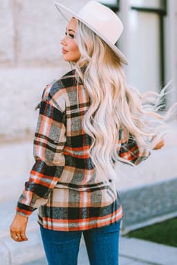 image-Khaki Geometric Plaid Print Pocketed Shacket