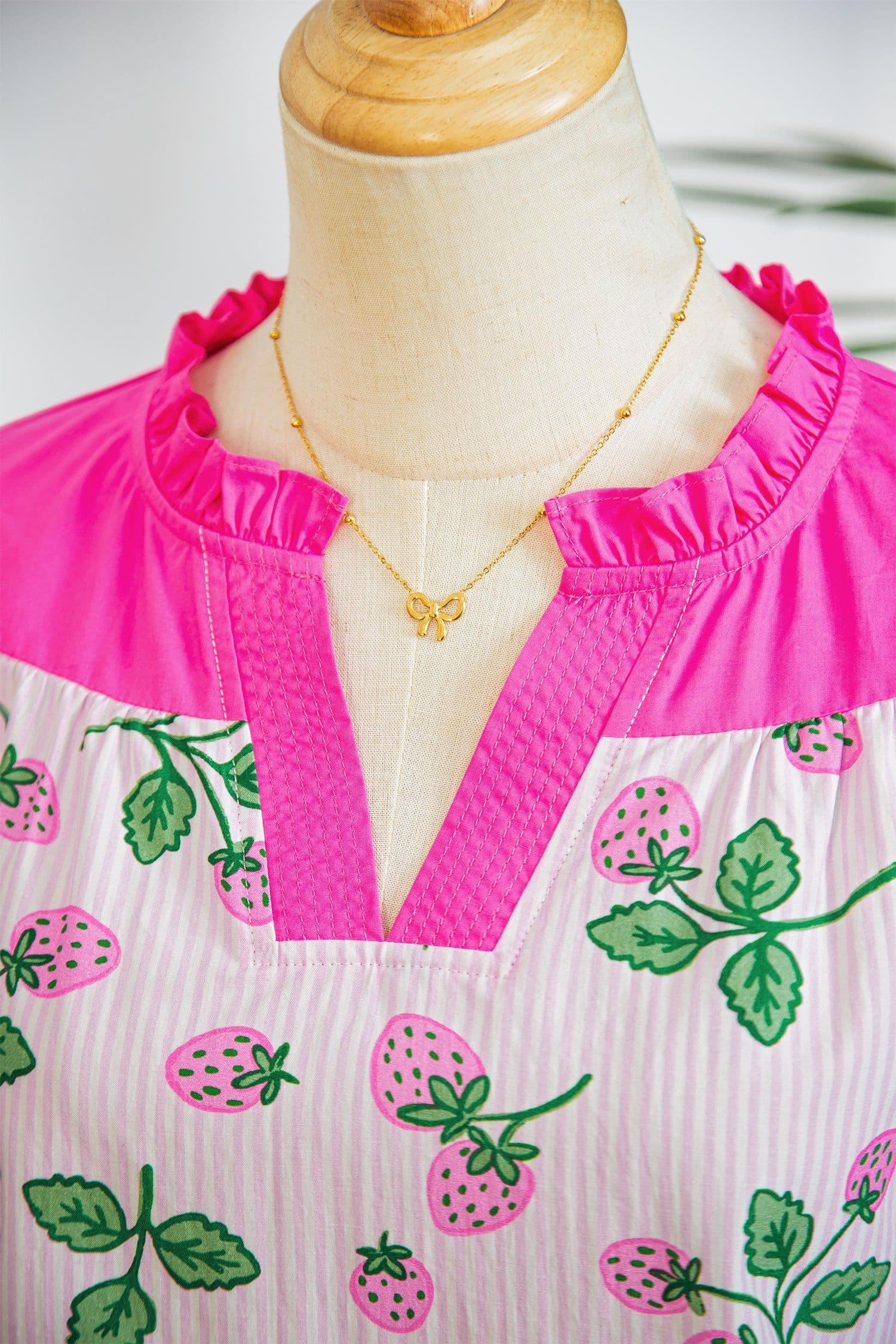 image-Pink Striped Strawberry Blouse - V Neck Flutter Sleeve