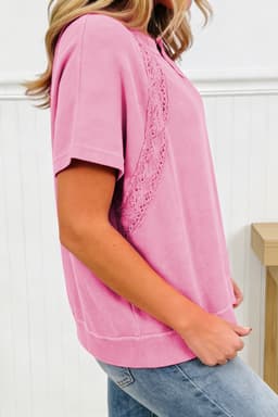 image-Pink Mineral Wash Lace Patchwork Tee