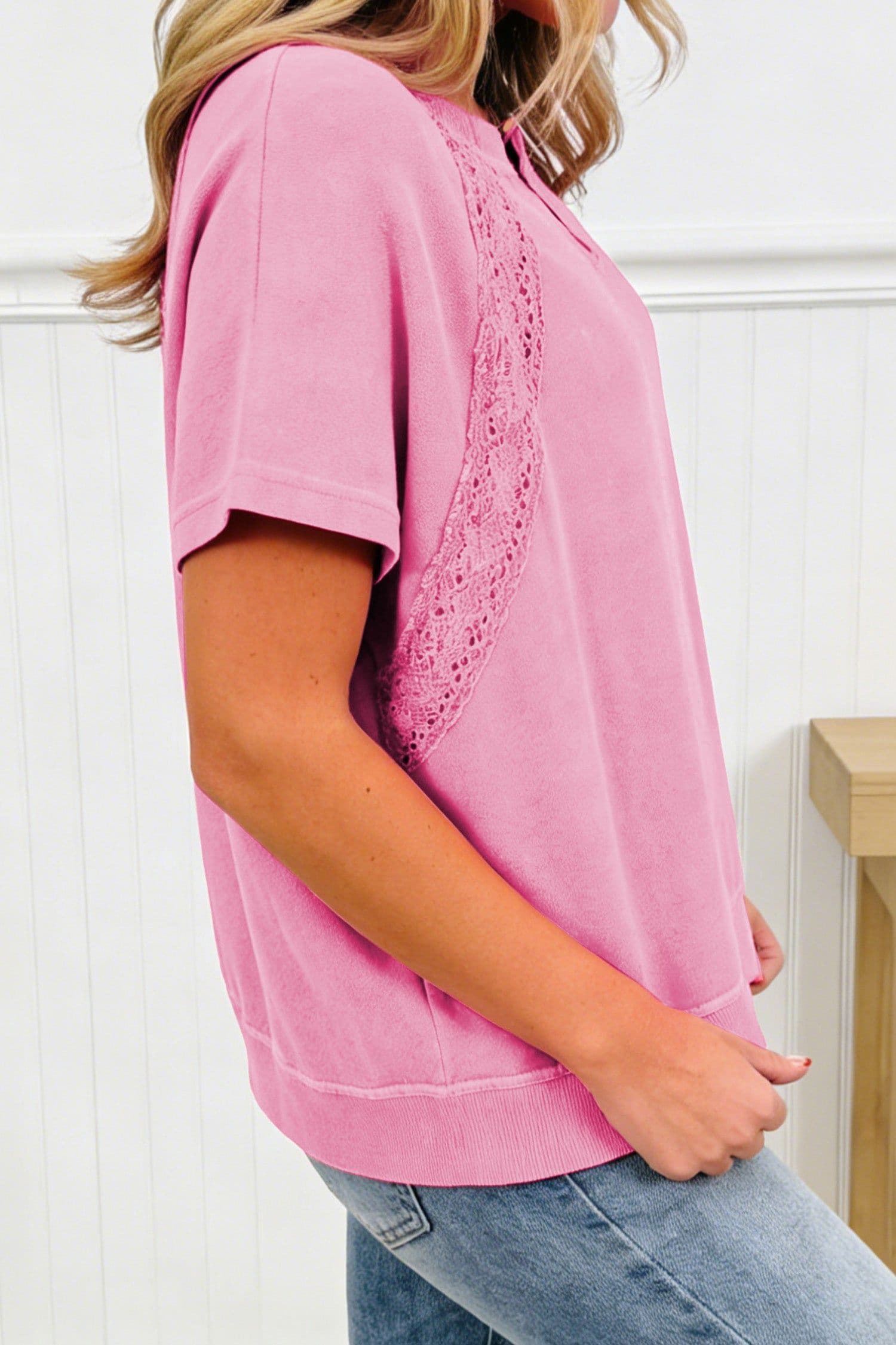 image-Pink Mineral Wash Lace Patchwork Tee