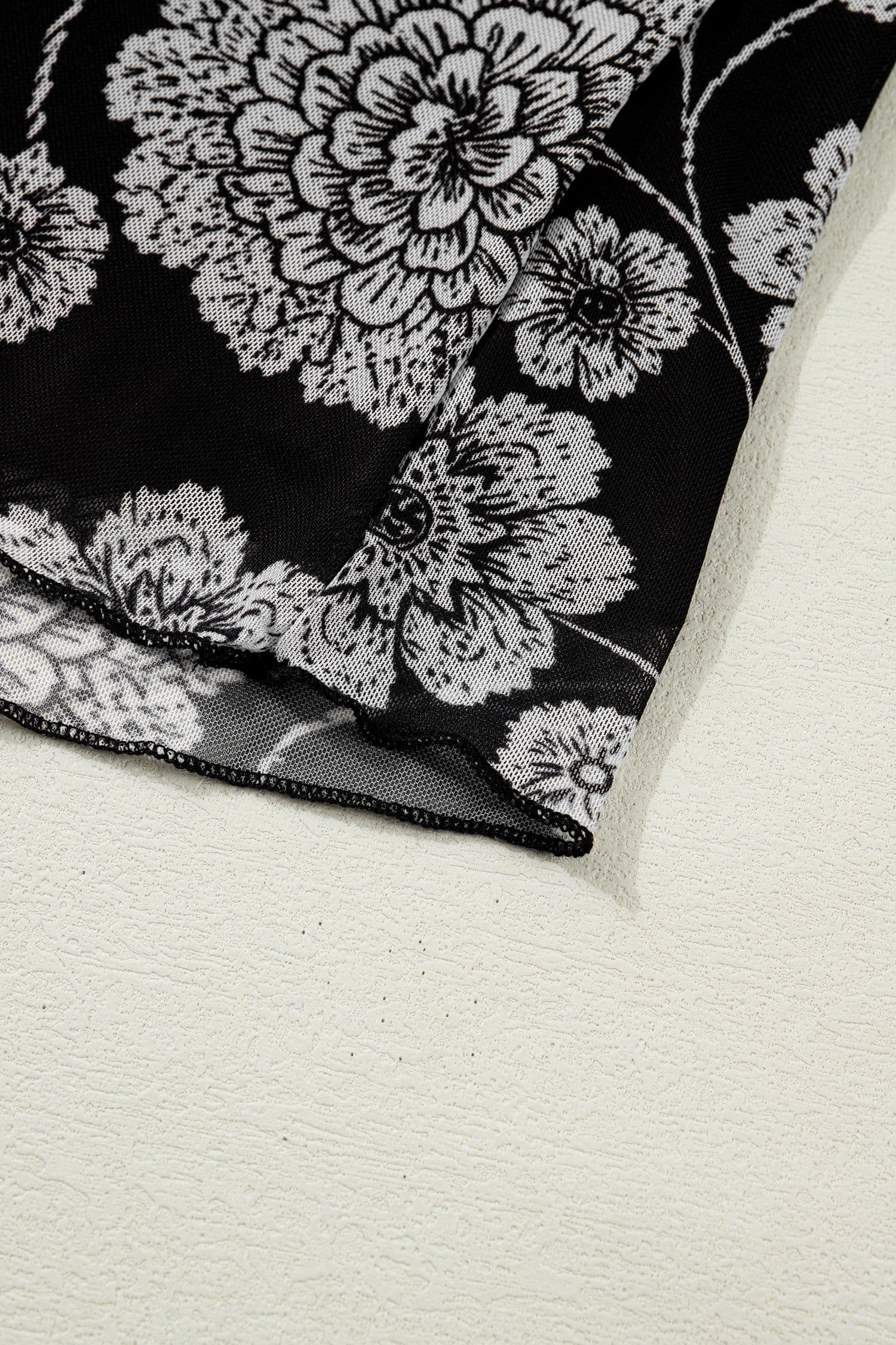image-Black Thumbhole Long Sleeve Floral Print Mesh Top