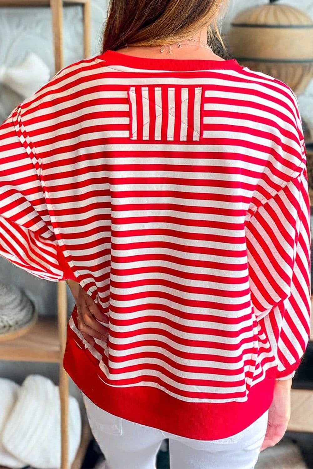 image-Red Stripe Christmas Nutcracker Sequin Patched Drop Shoulder Top