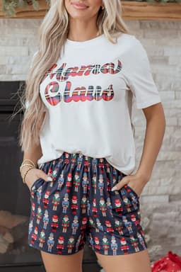 image-Pink Mama Claus Plaid Letter Tee Nutcracker Shorts 2pcs Lounge Set