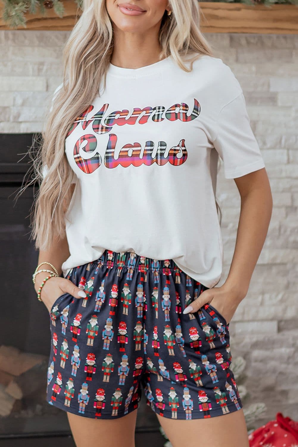 image-Pink Mama Claus Plaid Letter Tee Nutcracker Shorts 2pcs Lounge Set