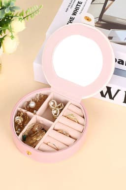 image-Light Pink Jewelry Organizer Case with Mirror - Compact, 11x3.5cm
