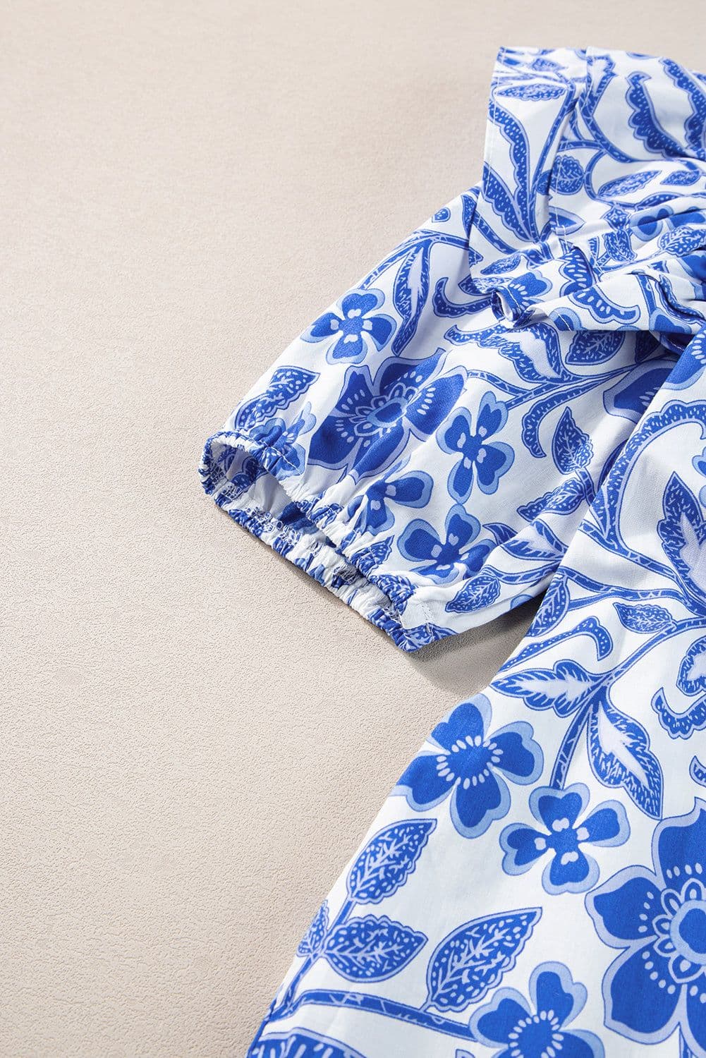 image-Dark Blue Floral Ruffled Sleeve Blouse - Chic Bubble Sleeve Design
