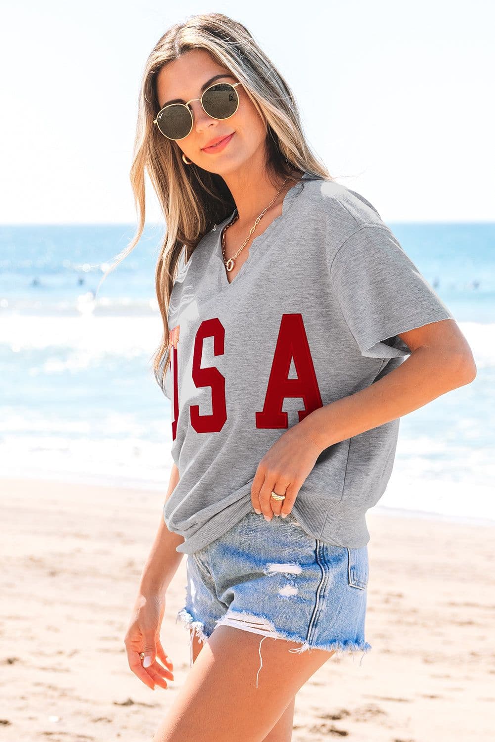 image-Light Grey USA Lettering Patch Notched Neck Loose Tee
