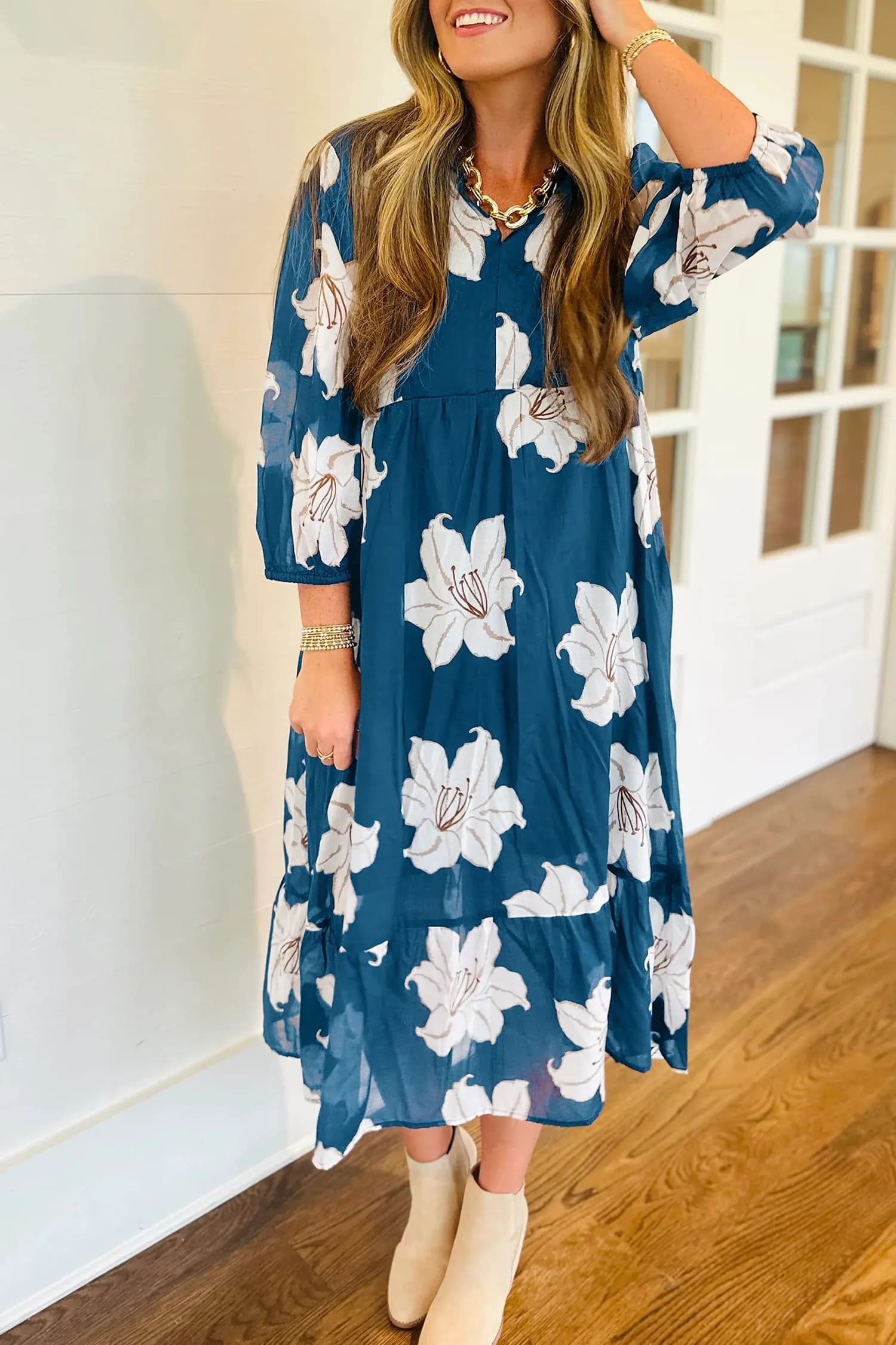 image-Blue Floral Print Shirt Collar V Neck 3/4 Sleeve Shift Midi Dress