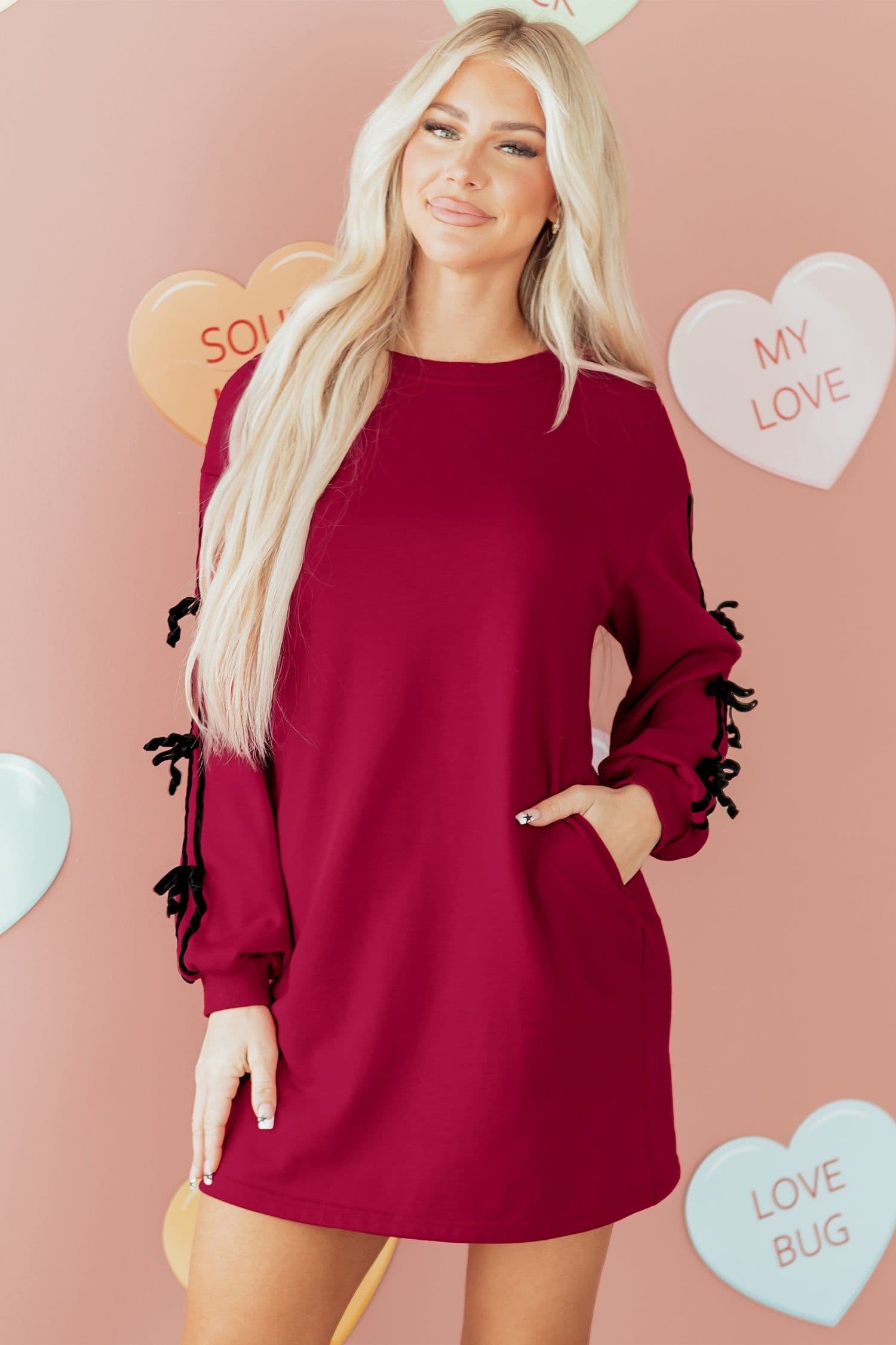 image-Racing Red Contrast Striped Bow Detail Drop Shoulder Sweatshirt Dress with Pockets
