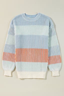 image-Textured Knit Colorblock Sweater - Bubble Sleeves - Brown
