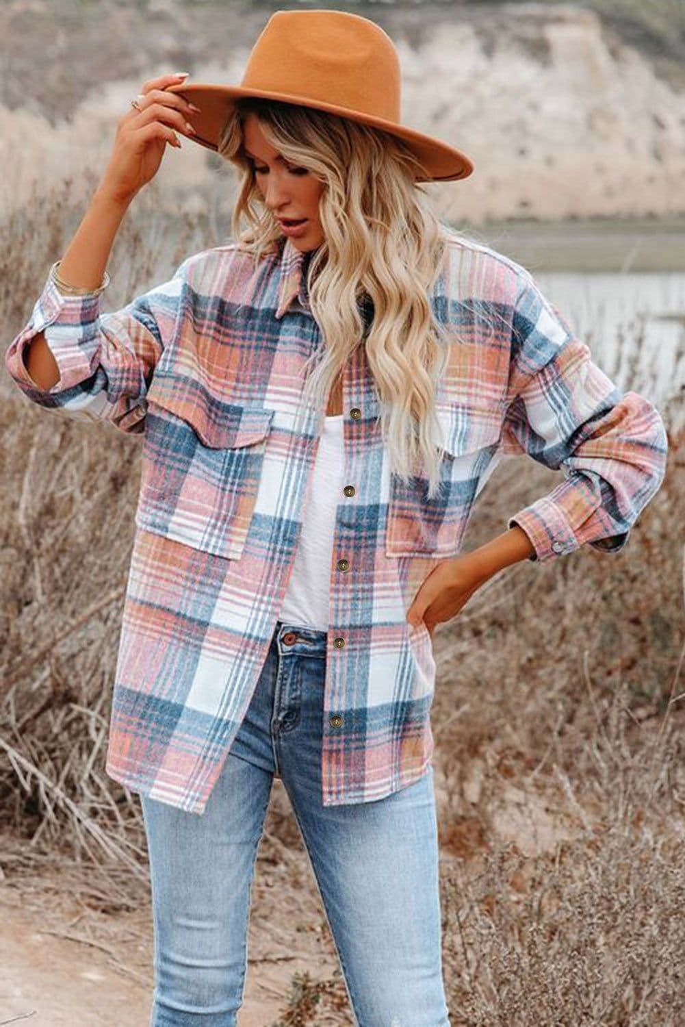 image-Shacket with Pink/Black Plaid Flap Pockets - Chic Style, Loose Fit (65 characters)