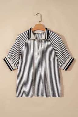 image-Black Stripe Polo Collar Half Zip Short Puff Sleeve Blouse